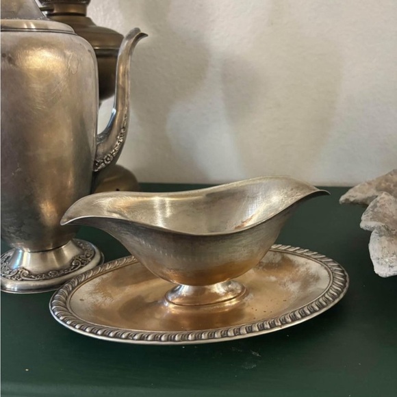 Antique pewter coffee or tea pot & Gravy Boat with Attached Plate - Picture 2 of 2